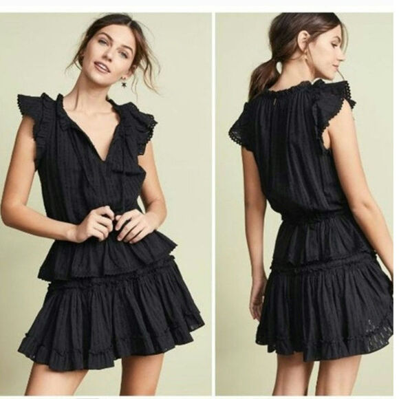 SHOL Los Angeles Eyelet Ruffle Dress Tiered Black Mini Dress Boho Party Size 14 - Picture 2 of 16